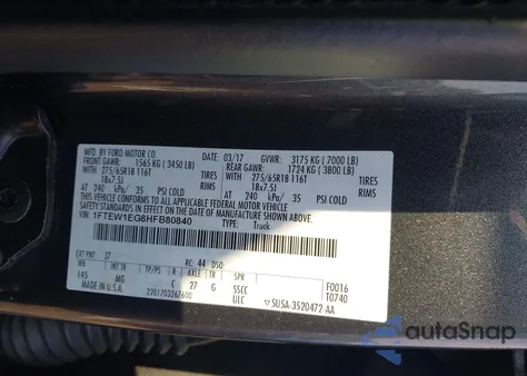 2017 Ford F150 Supercrew z USA, uszkodzony, nr VIN 1FTEW1EG8HFB80840